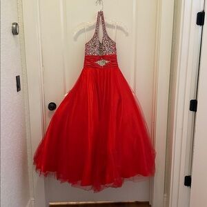 Mac Duggal Red Sequin Halter Kids Dress
